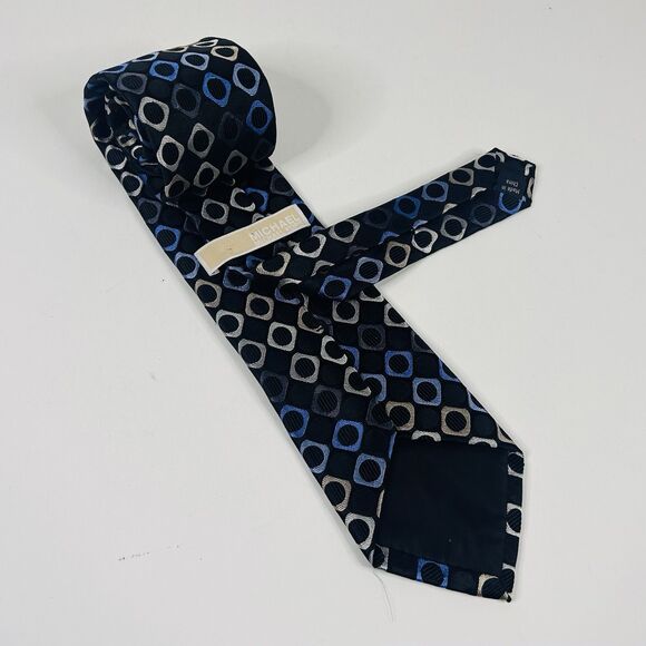 Michael Kors 100% Silk Necktie Tie Geometric Black Blue Silver 3 1/2 x 60 - Picture 2 of 3